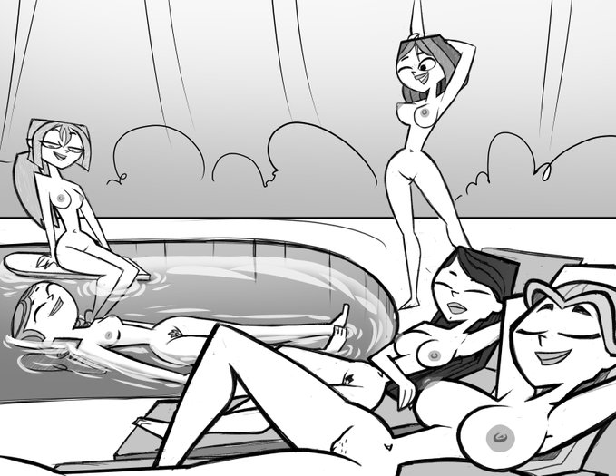 5girls big_breasts breasts bridgette_(tdi) courtney_(tdi) female_only floating greyscale heather_(tdi) human human_only inkershike innie_pussy izzy_(tdi) lindsay_(tdi) long_hair monochrome multiple_girls navel nipples nude outside ponytail pool pussy short_hair total_drama_island water