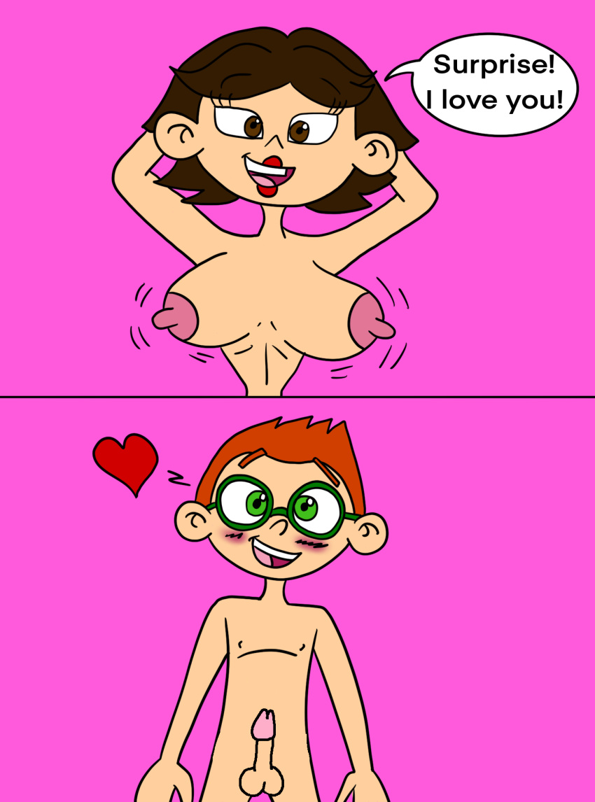 1boy 1girl 2024 aged_up breasts brown_hair closed_eyes disney english_text female_only glasses heart june_(little_einsteins) leo_(little_einsteins) lipstick little_einsteins matiriani28 navel nipples nude nude_female open_mouth orange_hair penis speech_bubble