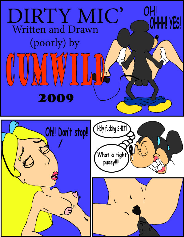 1girl 2009 alice alice_in_wonderland balls breasts closed_eyes comic crossover cumwild disney english_text male mickey_mouse nipples penis pussy sex teeth text