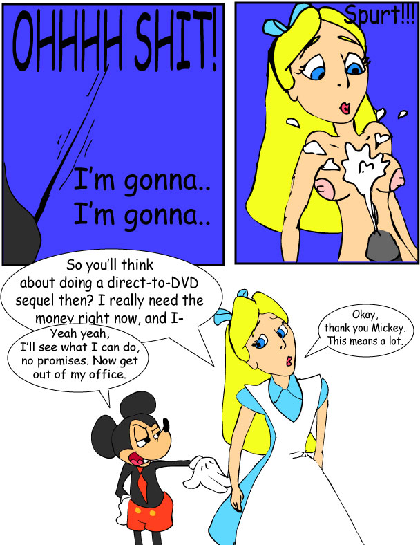 1girl 2009 alice alice_in_wonderland breasts comic crossover cum cumwild disney english_text male mickey_mouse nipples penis text tie