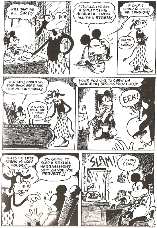 1girl air_pirates anthro anthro_only black_and_white bovid bovine cattle clarabelle_cow comic deception disney duo english_text erection exhibitionism fleischer_style_toon genitals half-erect male mammal mickey_mouse monochrome mouse murid murine pen_(artwork) penis rejection rodent sexual_harassment shocked tagme text toony traditional_media_(artwork) trick