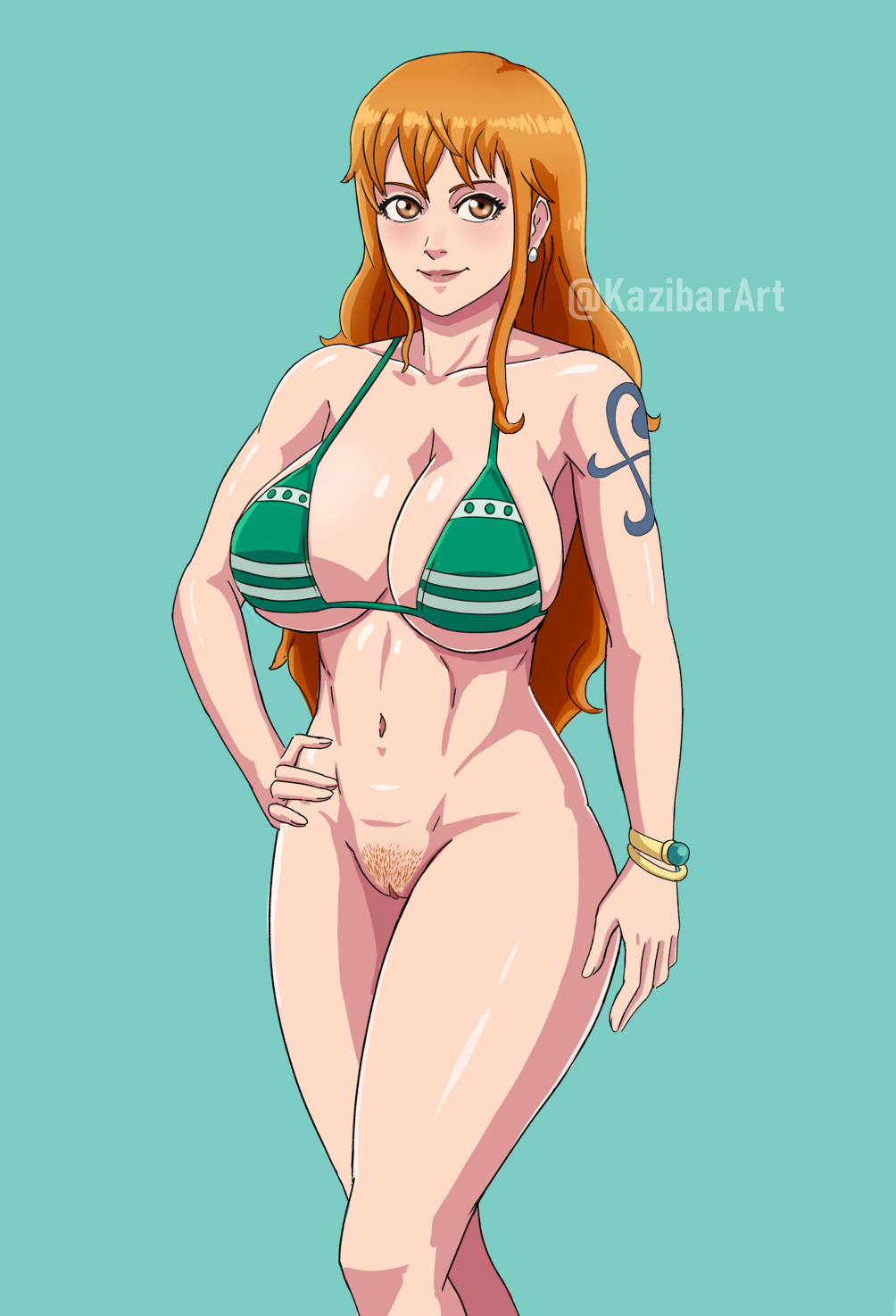 1girl alluring bare_legs big_breasts bikini_top cleavage kazibar naked_from_the_waist_down nami nami_(one_piece) one_piece orange_hair pin_up pubic_hair pussy shounen_jump