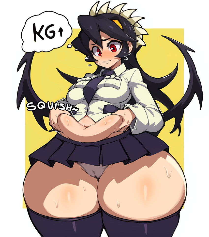 1boy 1girl 1girls ai_assisted bbw big_breasts black_hair black_stockings blush breasts cameltoe chubby chubby_belly chubby_female embarrassed embarrassed_female fat_ass filia_(skullgirls) frilled_skirt grabbing_own_belly human long_hair male midriff monkechrome pale-skinned_female pale_skin panties plump red_eyes samson_(skullgirls) schoolgirl schoolgirl_uniform short_skirt skirt skullgirls stockings sweat sweaty teen teenage_girl thick_thighs wide_hips