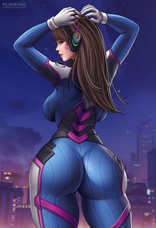 1girl 1girl 1girls artist_logo asian_female ass big_ass bodysuit breasts brown_eyes brown_hair city_background d.va female_only flowerxl hana_song higher_resolution_available light-skinned_female night overwatch seductive_smile stockings thick_thighs video_game_character wide_hips