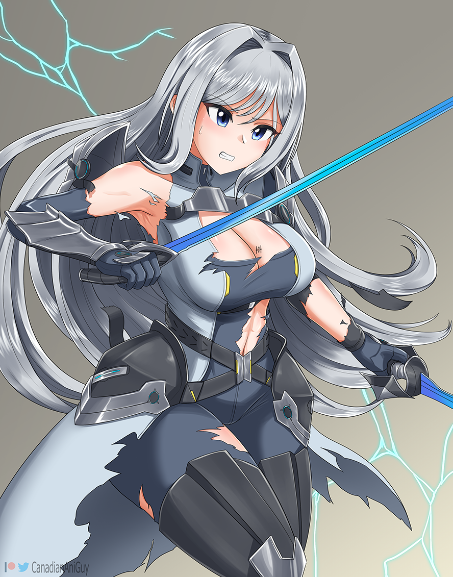 1girl 1girl abs alluring athletic_female bare_shoulders big_breasts big_breasts black_gloves blue_eyes boots breast_tattoi canadiananiguy curvy dual_wielding embarrassed ethel_(xenoblade) female_abs female_only fit_female gloves grey_boots grey_jacket grey_thighhighs high_res holding_object holding_weapon hourglass_figure jacket long_hair midriff monolith_soft nervous nintendo rapier silver_hair stockings sweat sweating tattoo thick_thighs thigh_high_boots thighs torn_clothes torn_clothing very_long_hair voluptuous wardrobe_malfunction weapon wide_hips xenoblade_(series) xenoblade_chronicles_3