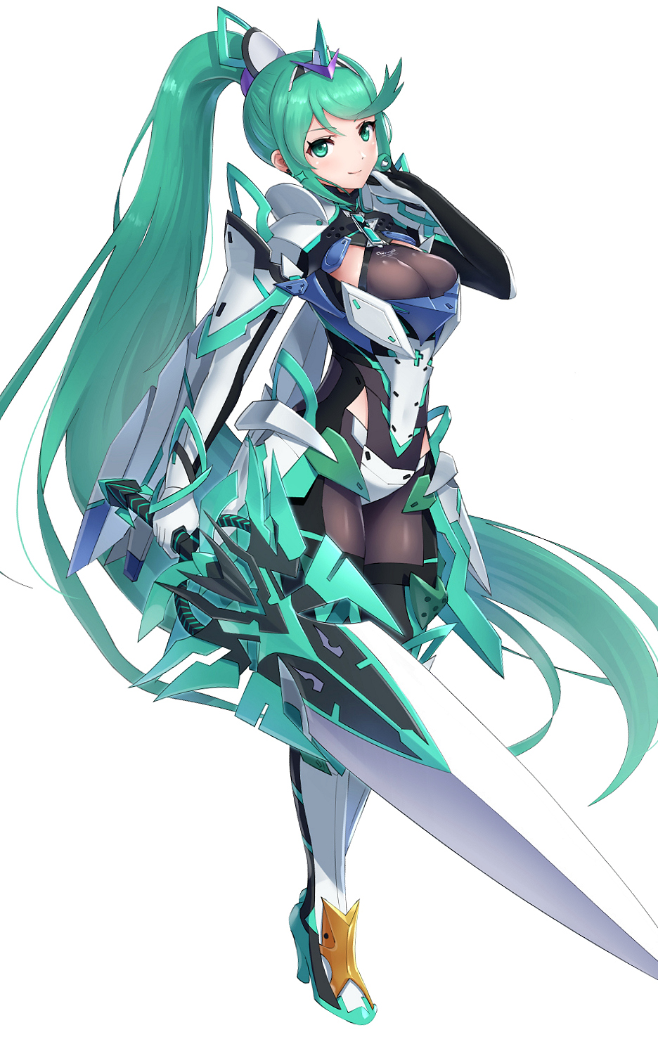 1girl 1girl alluring aqua_eyes aqua_hair armor big_breasts blush boots closed_mouth clothes_writing earrings elbow_gloves faulds full_body gloves gonzarez hand_up high_heel_boots high_heels high_ponytail high_res holding holding_sword holding_weapon jewelry long_hair looking_at_viewer pneuma_(xenoblade) shoulder_armor simple_background smile standing stockings sword thigh_high_boots very_long_hair weapon white_background white_footwear white_gloves xenoblade_(series) xenoblade_chronicles_2