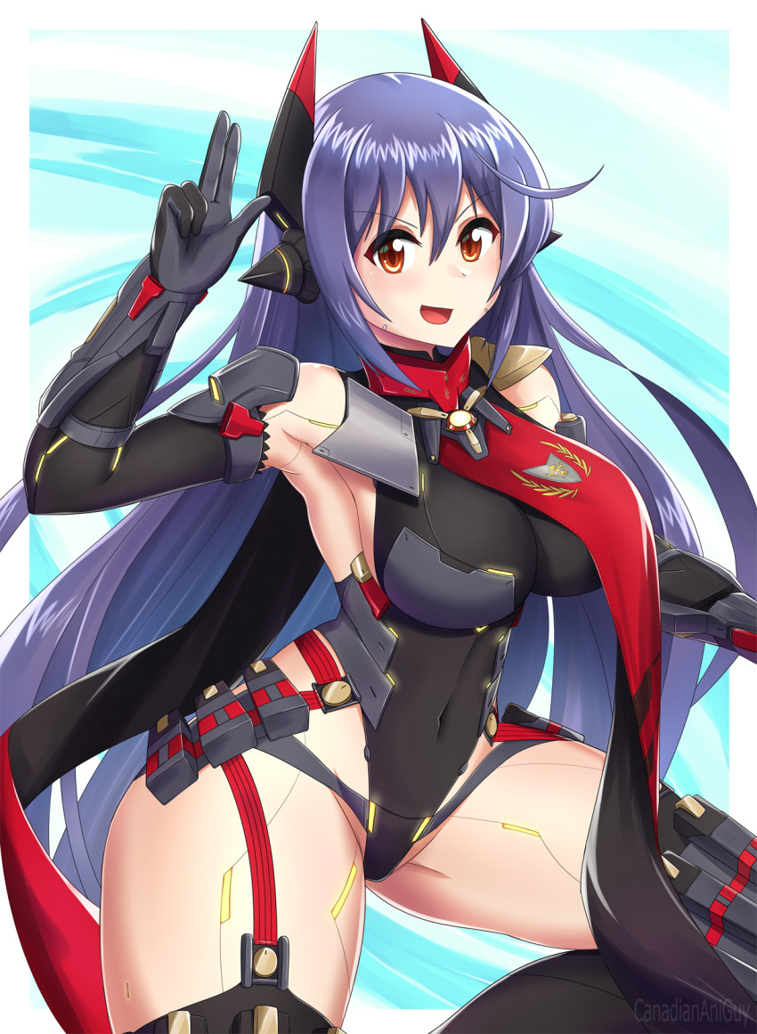 1girl 1girl :d alluring android big_breasts black_gloves black_leotard black_thighhighs canadiananiguy cowboy_shot elbow_gloves garter_straps gloves hair_between_eyes high_res leotard long_hair open_mouth orange_eyes poppi_(xenoblade) poppi_qtpi_(xenoblade) purple_hair robot_ears smile stockings very_long_hair xenoblade_(series) xenoblade_chronicles_2