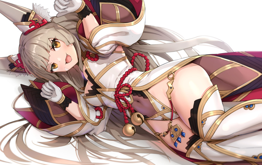 1girl :3 :d alluring animal_ear_fluff animal_ears bell cat_ears cat_girl covered_navel detached_sleeves facial_mark fang gloves gonzarez high_res highleg highleg_leotard jingle_bell leotard long_hair looking_at_viewer lying medium_breasts nia nia_(blade)_(xenoblade) nia_(xenoblade) on_side open_mouth paw_pose silver_hair simple_background smile spoilers stockings tattoo twin_tails very_long_hair white_background white_gloves xenoblade_(series) xenoblade_chronicles_2 yellow_eyes