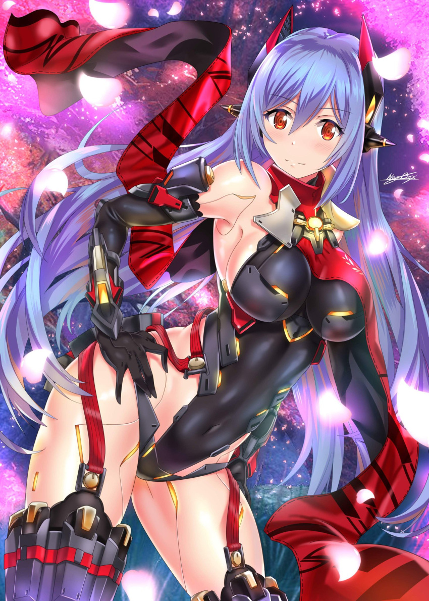 1girl alluring big_breasts covered_navel garter_straps gloves high_res highleg highleg_leotard joints leotard long_hair medium_breasts nezboxillust nintendo orange_eyes poppi_(xenoblade) poppi_qtpi_(xenoblade) purple_hair robot_joints scarf smile spoilers stockings thigh_gap xenoblade_(series) xenoblade_chronicles_2 yellow_eyes