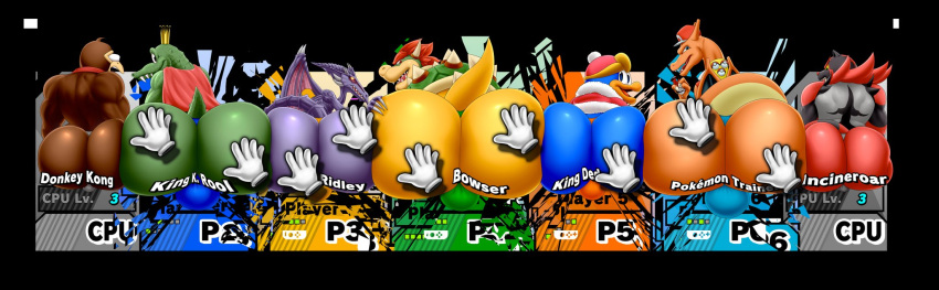 anthro ass big_ass bowser character_select charizard clothing crocodile crocodilian crocodylid crossover crown disembodied_hand donkey_kong donkey_kong_(series) group high_res incineroar k_rool king king_dedede kirby_(series) koopa looking_back male male_only mario_(series) metroid nintendo pokémon_(species) pokemon pokemon_(species) reptile ridley robe royalty scalie spaca spanking super_smash_bros. video_games