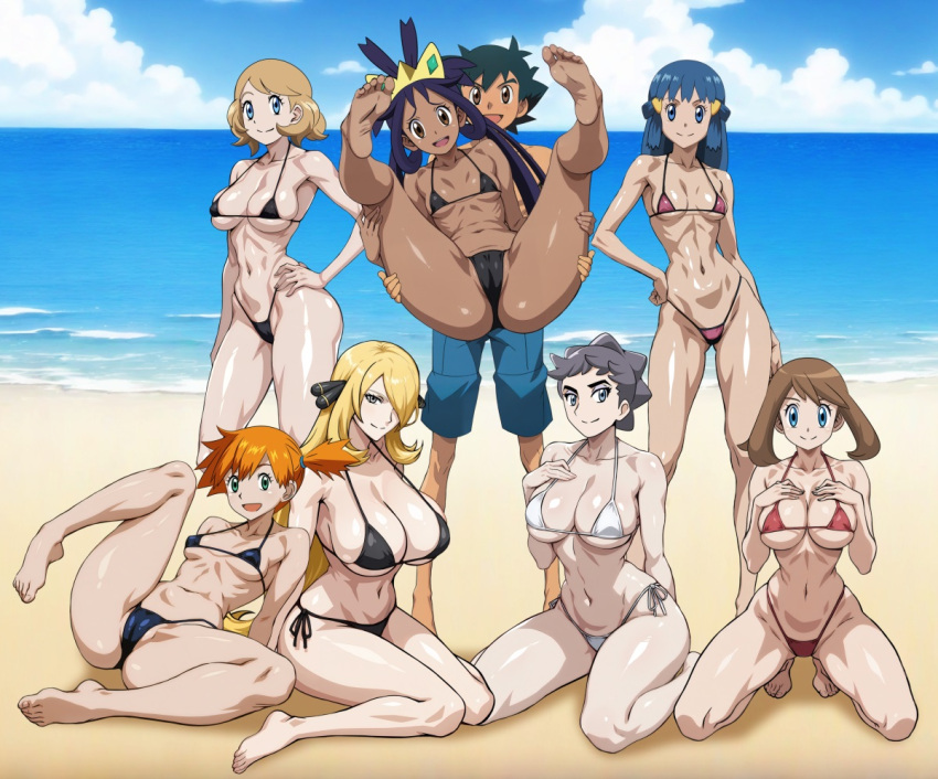 1boy 7girls ash_ketchum beach big_breasts bikini black_hair blonde_hair blue_eyes blue_hair blue_sky brown_eyes brown_hair cynthia_(pokemon) dawn dawn_(pokemon) diantha green_eyes grey_eyes harem iris_(pokemon) may medium_breasts misty misty_(pokemon) nintendo ocean orange_hair pokemon pokemon_(anime) serena_(pokemon) small_breasts swimming_trunks yxyyxy