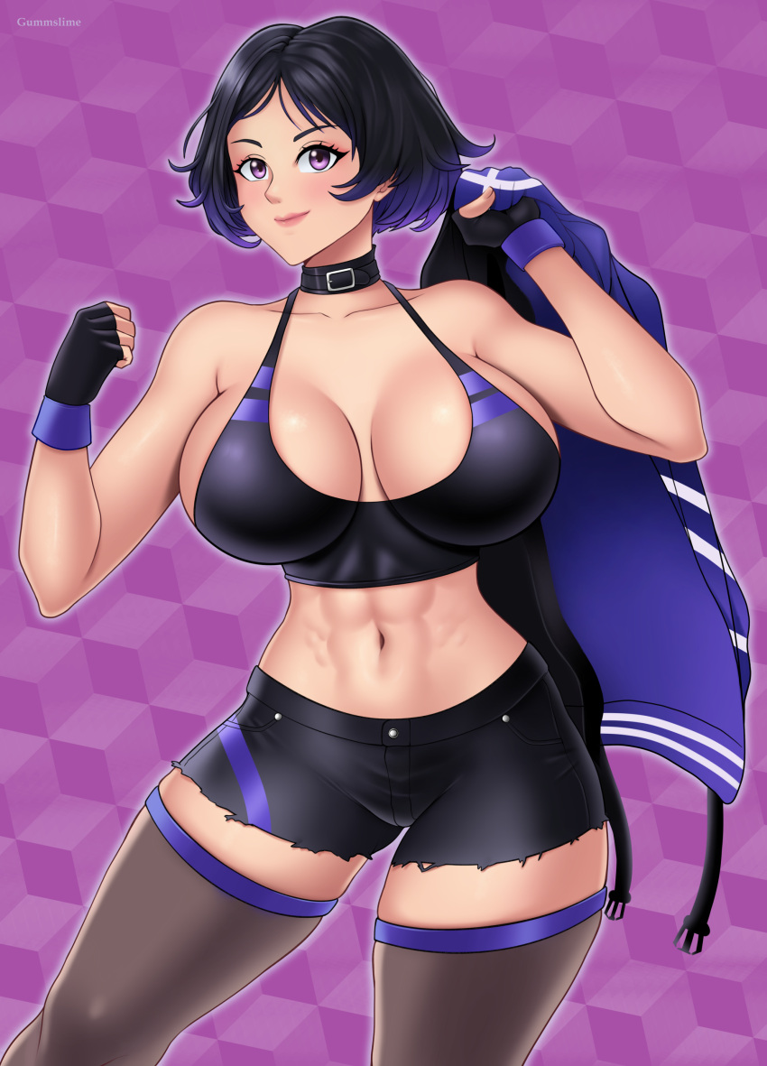 1girl 1girl 1girl abs athletic_female big_breasts black_and_purple_hair cleavage female_abs female_only fit_female gummslime lavender_eyes namco pin_up reina_(tekken) sideboob tekken tekken_8 thick_thighs torn_clothes