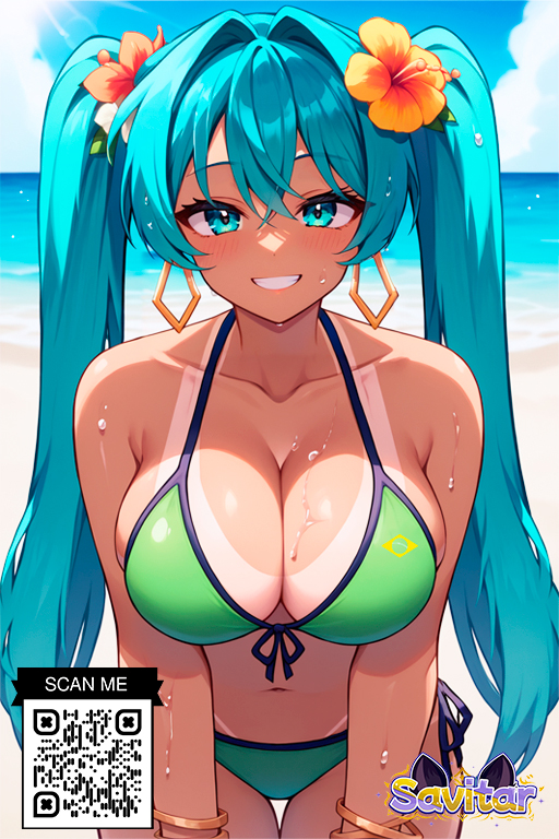 1girl 1girl 1girl ai_generated aqua_eyes aqua_hair bangs bare_shoulders beach big_breasts bikini blue_eyes blue_hair blue_sky blush bracelet breasts clavicle cleavage clothing cloud crossed_bangs day earrings flower green_bikini green_swimsuit grin hair_between_eyes hair_flower hair_ornament hibiscus jewelry leaning_forward long_hair looking_at_viewer miku_hatsune navel ocean outside savitar side-tie_bikini_bottom sky smile swimsuit tan_line thigh_gap tied_hair twin_tails very_long_hair vocaloid water wet