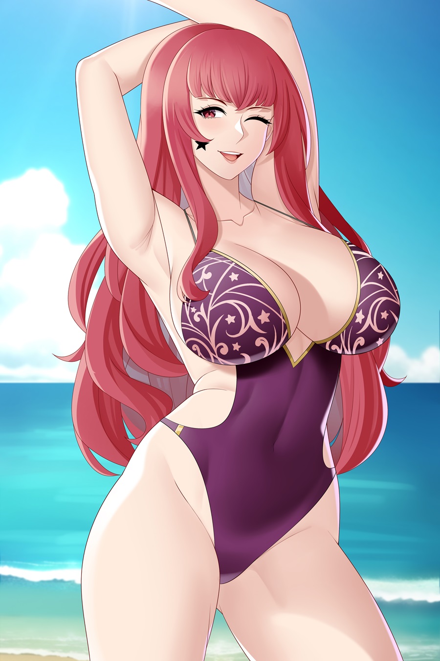 1girl 1girl 1girl alluring alternate_costume aslind_samure aslindsamure beach big_breasts bikini cleavage female_only fire_emblem fire_emblem_engage nintendo ocean one-piece_bikini pin_up red_eyes red_hair winking_at_viewer yunaka_(fire_emblem)