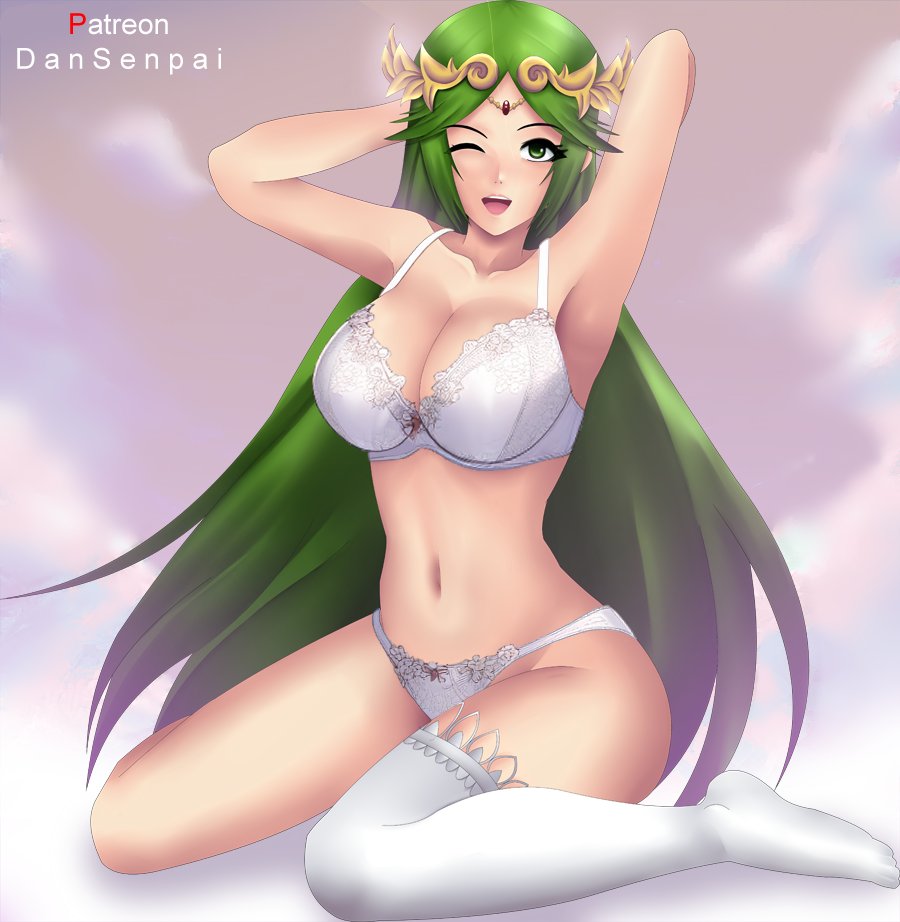 1girl 1girl 1girl alluring big_breasts big_breasts bra cleavage female_only goddess green_hair kid_icarus kneel lingerie lingerie_only long_hair looking_at_viewer navel nidavellirstudios one_eye_closed one_thighhigh open_mouth palutena panties solo_female solo_focus stockings underwear white_bra white_lingerie white_panties white_thighhighs wink winking_at_viewer