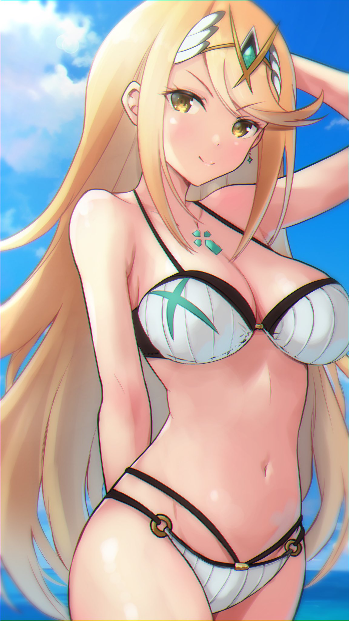 1girl 1girl 1girl big_breasts bikini blonde_hair cleavage female_only kwrssbsp mythra nintendo swimsuit xenoblade_(series) xenoblade_chronicles_2