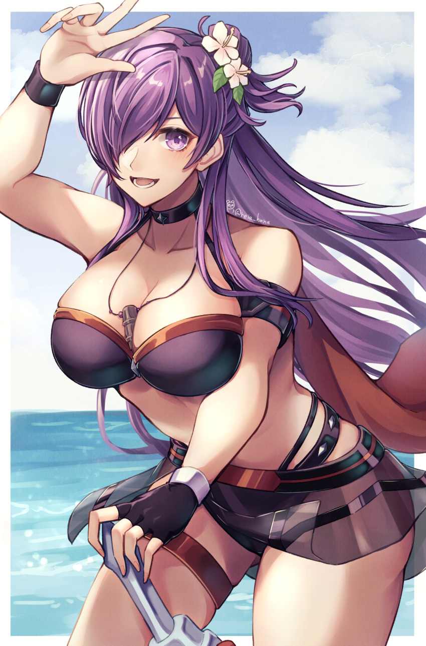 1girl 1girl 1girls absurd_res alternate_costume arm_up armband ass_visible_through_thighs bare_arms bare_shoulders big_breasts bikini black_bikini black_gloves black_swimsuit blue_sky cloud commentary_request cowboy_shot day female_only fingerless_gloves fire_emblem fire_emblem:_three_houses fire_emblem_heroes fire_emblem_warriors:_three_hopes flower gloves hair_flower hair_ornament high_res long_hair nintendo ocean official_alternate_costume partial_commentary purple_eyes purple_hair reia_hana shez_(fire_emblem) shez_(fire_emblem)_(female) shez_(summer)_(fire_emblem) single_glove sky standing stomach swimsuit thigh_strap thighs very_long_hair water white_flower