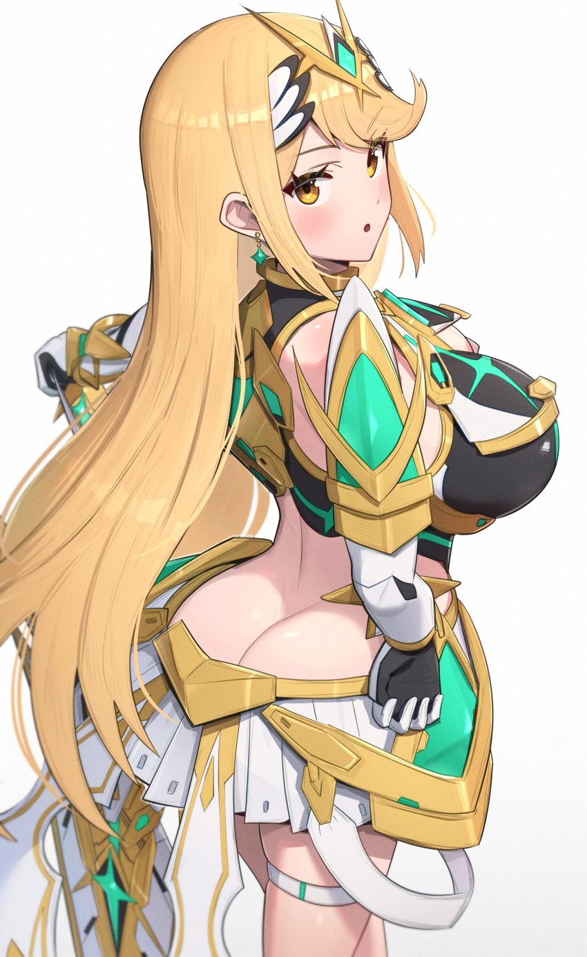 1girl 1girl alluring ass big_breasts blonde_hair dat_ass gold_eyes gonzarez high_res hips light-skinned_female light_skin long_hair mythra nintendo thick_thighs thighs wide_hips xenoblade_(series) xenoblade_chronicles_2