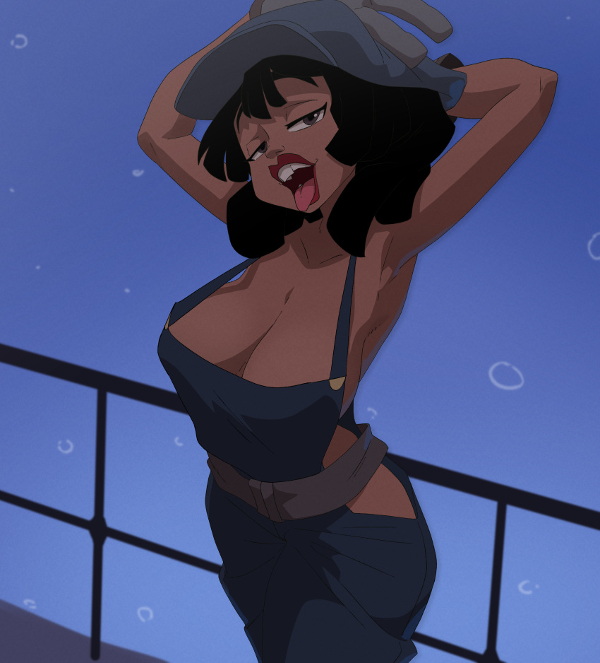 1girl 1girls alternate_version_available armpits arms_behind_head atlantis:_the_lost_empire audrey_ramirez big_breasts black_hair cleavage coolerinker dark-skinned_female dark_skin disney female_focus female_only inker_comics inkershike long_hair looking_at_viewer naked_overalls nude open_mouth