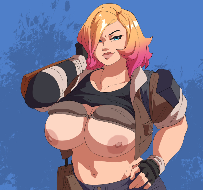 1girl 1girls big_breasts blonde_hair blue_eyes coolerinker curvy epic_games fortnite fortnite:_save_the_world hair_over_one_eye hand_on_head hand_on_hip high_res inker_comics inkershike multicolored_hair nipples penny_(fortnite) pink_hair pink_nipples simple_background smile topwear white_skin