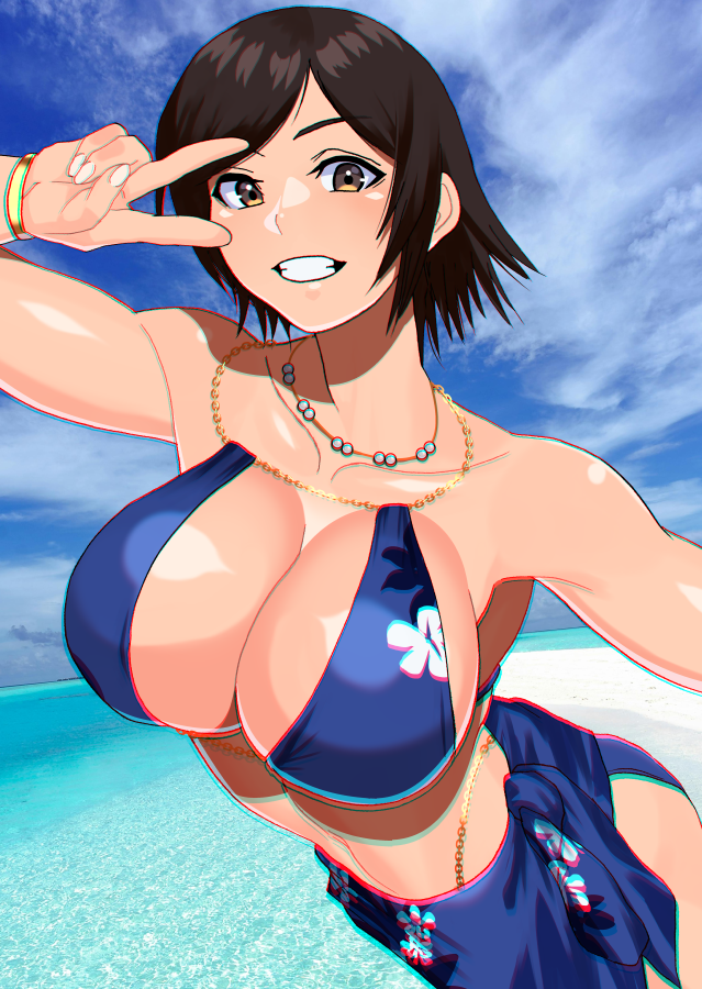 1girl akisu_k alluring beach big_breasts bikini bracelet brown_hair cleavage collarbone jewelry kazama_asuka looking_at_viewer namco necklace sarong sideboob smile swimsuit teeth tekken water