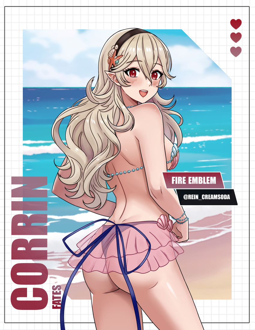 1girl alluring bare_legs big_breasts bikini corrin_(fire_emblem) corrin_(fire_emblem)_(female) corrin_(summer)_(fire_emblem)_(female) female_only fire_emblem fire_emblem_fates fire_emblem_heroes human magenta_eyes nintendo rein_creamsoda seashell_bikini shell_bikini silver_hair tagme white_skin