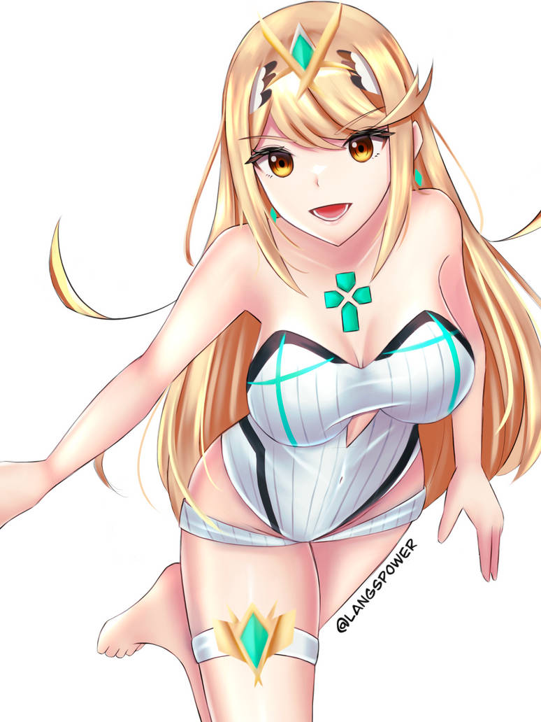 1girl alluring big_breasts blonde_hair core_crystal covered_navel earrings langspower long_hair looking_at_viewer mythra nintendo one-piece_bikini open_mouth swimsuit thigh_strap tiara white_bikini white_one-piece_bikini xenoblade_(series) xenoblade_chronicles_2 yellow_eyes