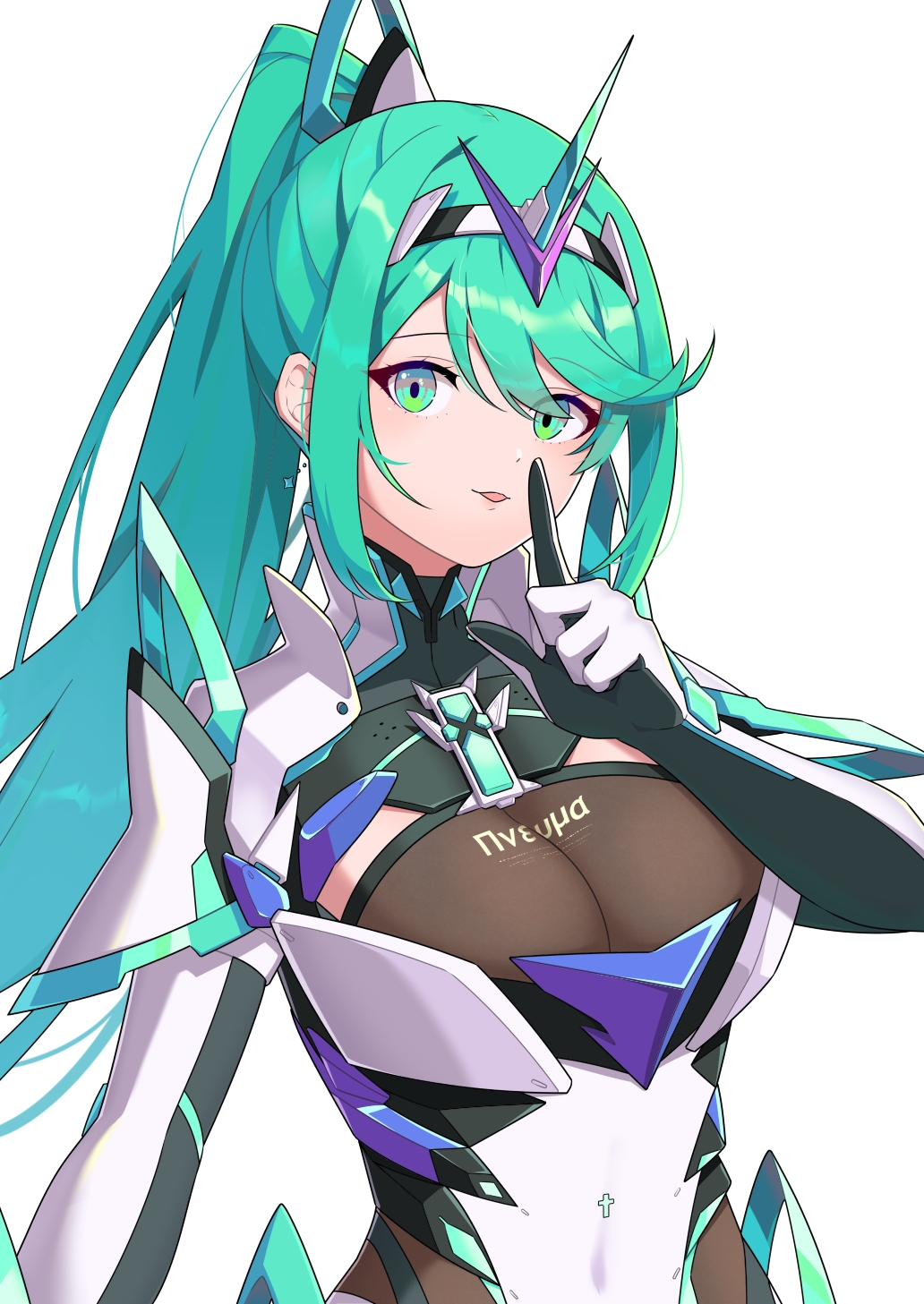 1girl alluring big_breasts green_eyes green_hair hehe_jun high_res nintendo pneuma_(xenoblade) ponytail xenoblade_(series) xenoblade_chronicles_2