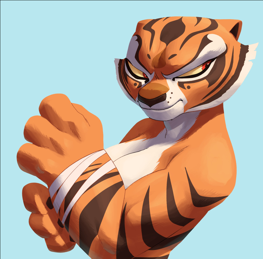 1girls angry_face anthro bandage big_breasts coolerinker covered_nipples covering_breasts digital_media_(artwork) dreamworks feline female_focus furry inker_comics inkershike kung_fu_panda master_tigress muscular_female red_eyes simple_background tiger