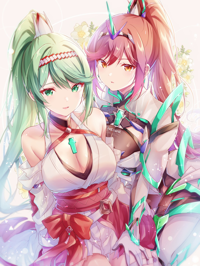 2_girls alluring alternate_costume big_breasts cosplay costume_switch glimmer_(xenoblade) green_hair high_res long_hair nintendo pneuma_(xenoblade) ponytail ui_frara very_long_hair xenoblade_(series) xenoblade_chronicles_2 xenoblade_chronicles_3 xenoblade_chronicles_3:_future_redeemed