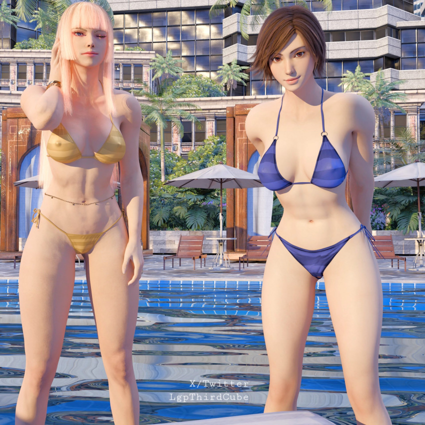 2_girls alluring athletic_female big_breasts bikini blonde_hair blue_eyes brown_eyes brown_hair cleavage emilie_de_rochefort female_abs fit_female kazama_asuka lgpthirdcube looking_at_viewer medium_breasts namco swimming_pool swimsuit tekken tekken_8 twitter winking_at_viewer