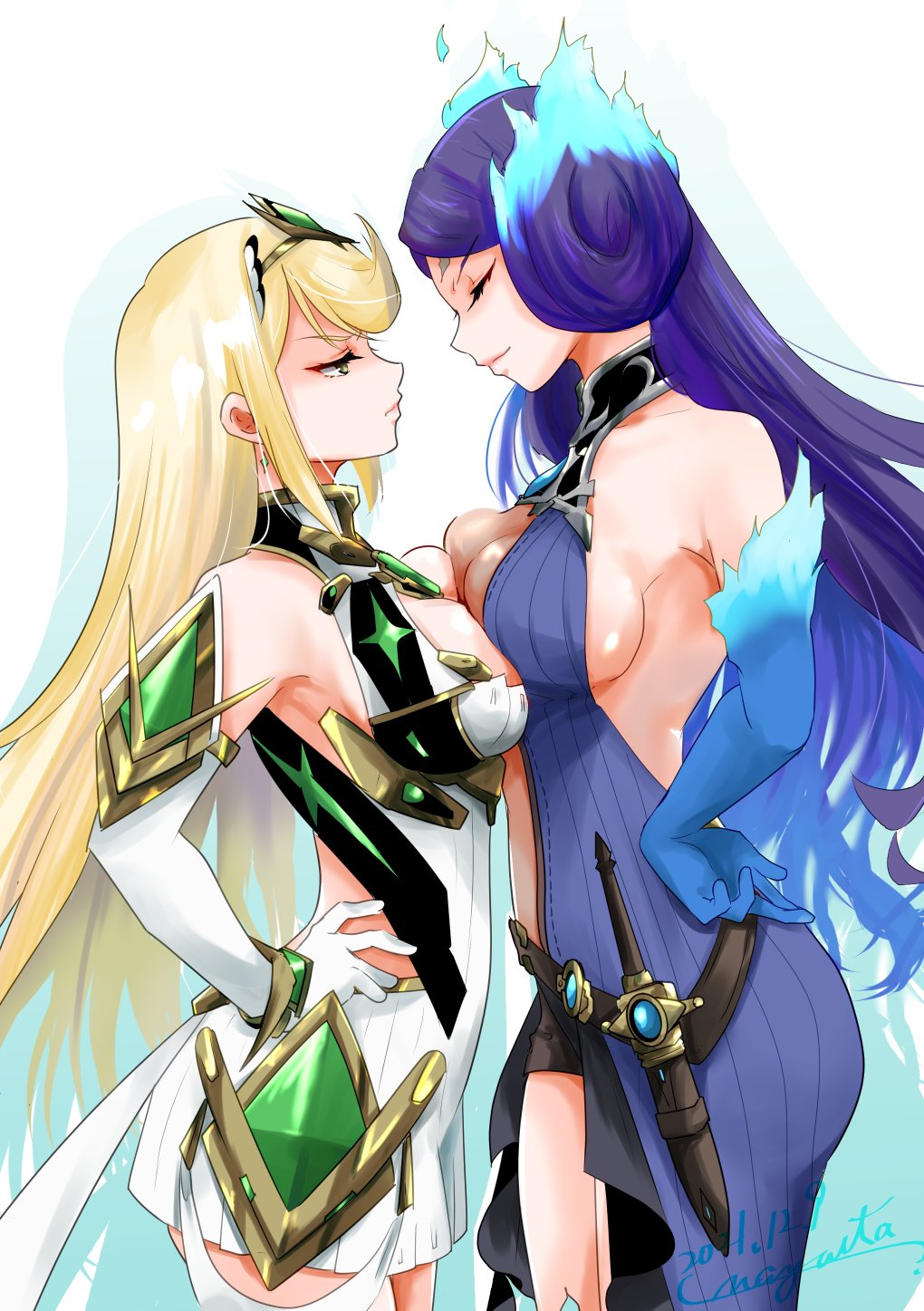 2_girls alluring bare_shoulders big_breasts blonde_hair blue_fire breast_contest breast_press brighid brighid_(xenoblade) center_opening chest_jewel cleavage cleavage_cutout closed_eyes clothing_cutout commentary_request curvy dress earrings elbow_gloves fiery_hair fire gloves high_res jewelry long_hair multiple_girls mythra nayuta-kanata purple_dress purple_hair revision short_dress stockings swept_bangs symmetrical_docking tiara very_long_hair white_dress white_gloves xenoblade_(series) xenoblade_chronicles_2 yellow_eyes