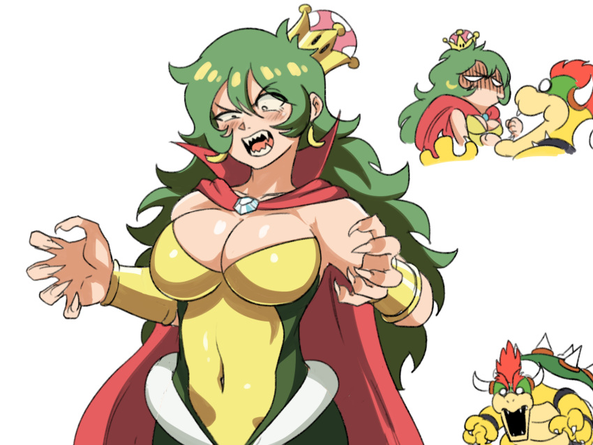 2021 big_breasts bowser cleavage cloak donkey_kong_(series) female_k_rool genderswap green_hair k_rool long_hair mario_(series) meme new_super_mario_bros._u_deluxe nintendo sharp_fingernails sharp_teeth super_crown super_mario_bros. super_smash_bros. tagme tinafate1