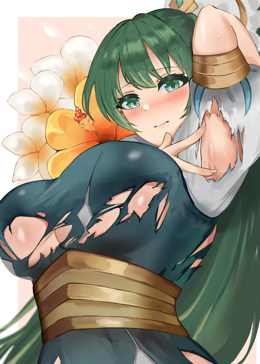 2022 armpits big_breasts blush breasts commission commissioner_upload fire_emblem flower green_eyes green_hair long_hair looking_at_viewer lyndis_(fire_emblem) nintendo ponytail ripped_clothes ripped_clothing sennei sweat sweatdrop sweating