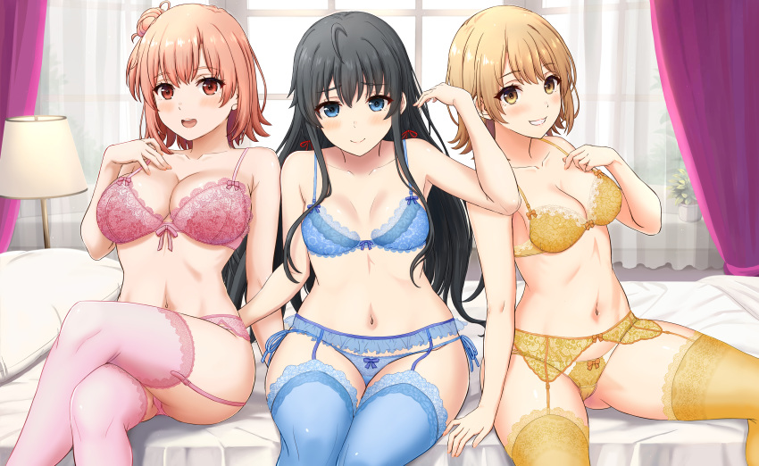 3_girls absurd_res alluring ass_visible_through_thighs bed bedroom big_breasts black_hair blonde_hair blue_bra blue_eyes blue_garter_belt blue_garter_straps blue_lingerie blue_panties blue_stockings blue_thighhighs blush bow bow_bra bow_panties bra breast_size_difference cameltoe cleavage closed_mouth collarbone crossed_legs curtains frilled_garter_belt garter_belt garter_straps hair_bun hair_ribbon hand_on_own_chest hand_up high_res inanaki_shiki indoors invisible_chair isshiki_iroha lace-trimmed_bra lace-trimmed_thighhighs lace_trim lamp legs_apart lingerie lingerie_only long_hair looking_at_viewer medium_breasts multiple_girls navel on_bed open_mouth orange_eyes orange_hair panties pillow pink_bra pink_garter_belt pink_garter_straps pink_lingerie pink_panties pink_stockings pink_thighhighs red_ribbon ribbon short_hair side-tie_panties single_hair_bun single_side_bun sitting sitting_on_bed small_breasts smile spread_legs stockings stomach string_panties thighs underwear underwear_only yahari_ore_no_seishun_lovecome_wa_machigatteiru. yellow_bra yellow_eyes yellow_garter_belt yellow_garter_straps yellow_lingerie yellow_panties yellow_stockings yellow_thighhighs yuigahama_yui yukinoshita_yukino