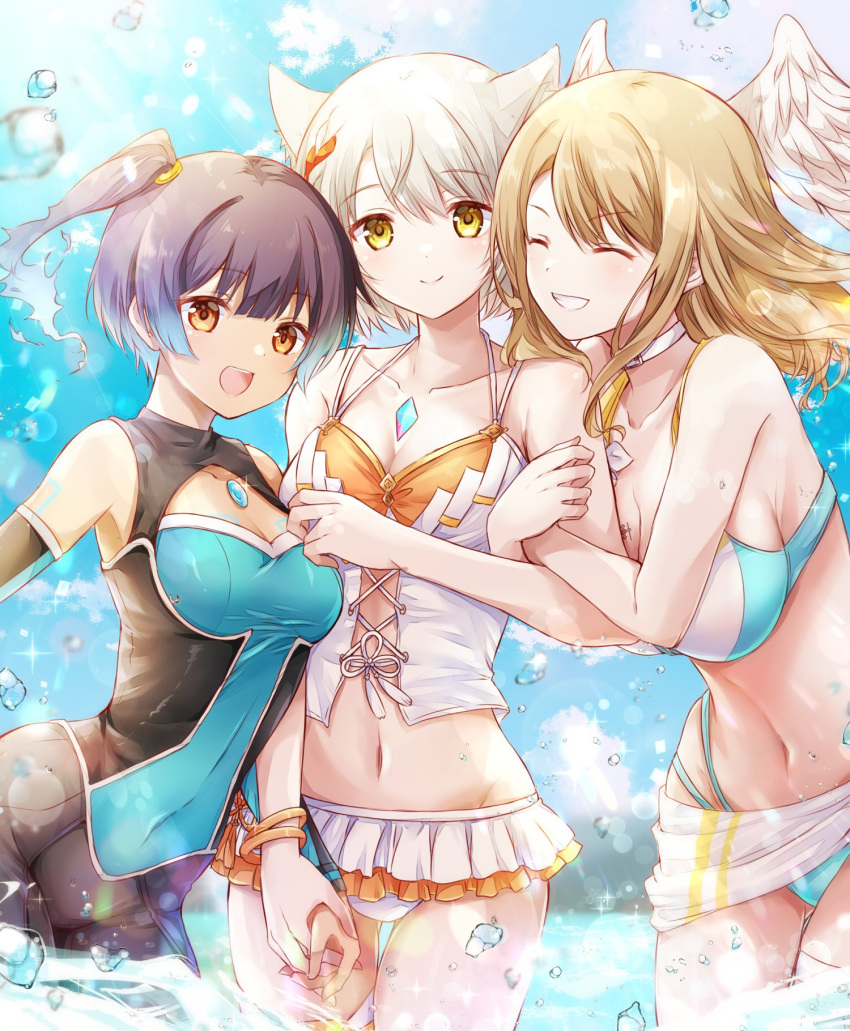 3_girls alluring animal_ears arm_hug big_breasts blue_eyes breast_tattoo brown_hair cat_ears chest_jewel covered_navel eunie_(xenoblade) feathered_wings fiery_hair glowing_lines grey_hair head_wings high_res holding_hands looking_at_viewer medium_breasts medium_hair mio_(xenoblade) multiple_girls navel official_alternate_costume sena_(xenoblade) short_hair side_ponytail smile stomach swimsuit tattoo thigh_gap ui_frara wings xenoblade_(series) xenoblade_chronicles_3