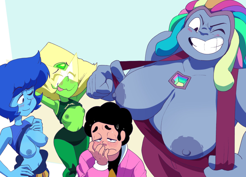 1boy 1girl 3_girls big_breasts bismuth_(steven_universe) blue_skin blush breasts breasts_out cartoon_network clothing flashing flashing_breasts fusion gem_(species) green_skin huge_breasts inker_comics inkershike lapis_lazuli_(steven_universe) male medium_breasts multicolored_hair nipples one_eye_closed peridot_(steven_universe) small_breasts small_breasts smile steven_quartz_universe steven_universe tongue tongue_out visor wink