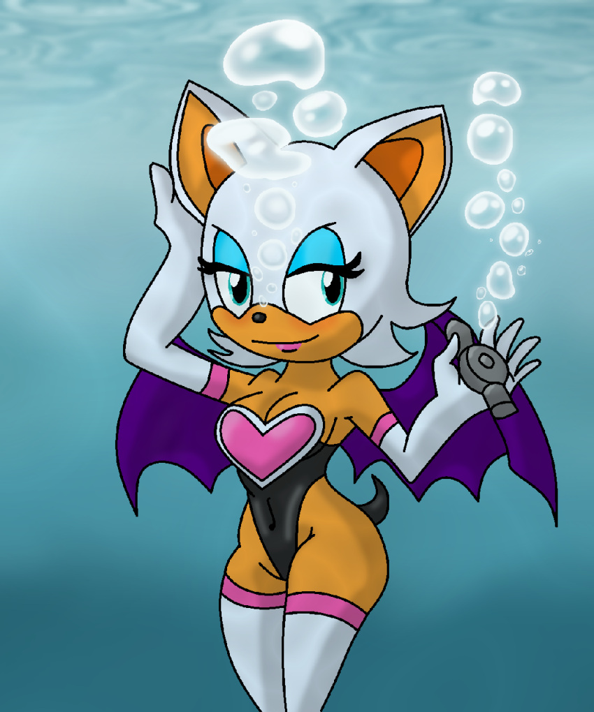 1girl air_bubbles anthro bat bat_wings boots breasts bubbles cleavage drunk_crowley female furry gloves holding_object looking_at_viewer one-piece_swimsuit rebreather rouge_the_bat sega solo sonic_(series) sonic_the_hedgehog_(series) swimsuit tail thigh_high_boots underwater water wings