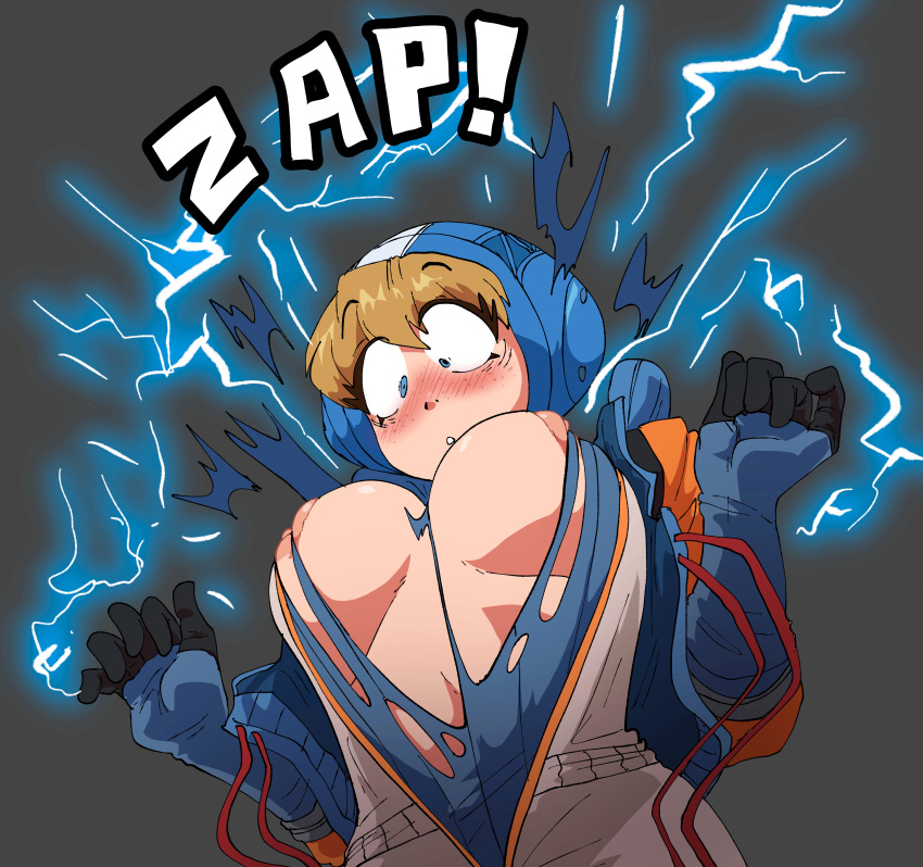 apex_legends big_breasts blue_eyes blush blush_lines breast_expansion breast_squeeze breast_squish breasts breasts_out coolerinker eyebrows_visible_through_hair inker_comics inkershike nipples simple_background tight_clothing wardrobe_malfunction wattson_(apex_legends) yellow_eyes