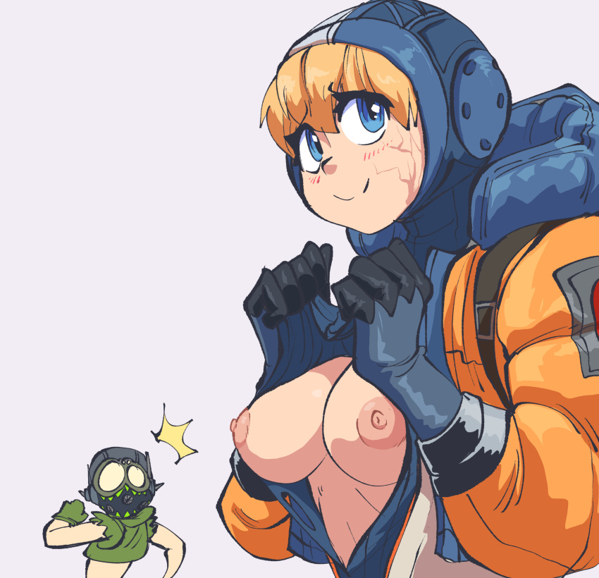 1girl apex_legends blonde_hair breasts breasts_out clothed inkershike lichtenberg_figure medium_breasts nipples octane_(apex_legends) presenting_breasts ro scar smile wa wattson_(apex_legends) white_background