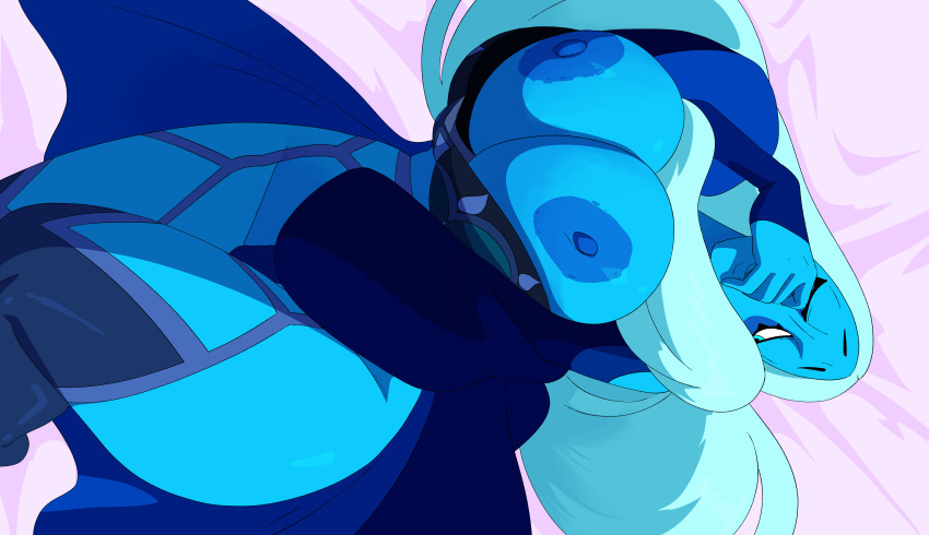 1girl areola big_breasts blue_body blue_diamond_(steven_universe) blue_skin breasts breasts_bigger_than_head breasts_out breasts_out_of_clothes breasts_outside clothing coolerinker curvaceous curvy diamond_authority female_only gem_(species) gown hand_between_legs hand_covering_face hand_over_own_mouth high_res huge_breasts inker_comics inkershike large_areolae laying_down laying_on_bed lingerie long_hair long_sleeves looking_away nipples on_back solo_female steven_universe stockings thick_thighs thighs wide_hips