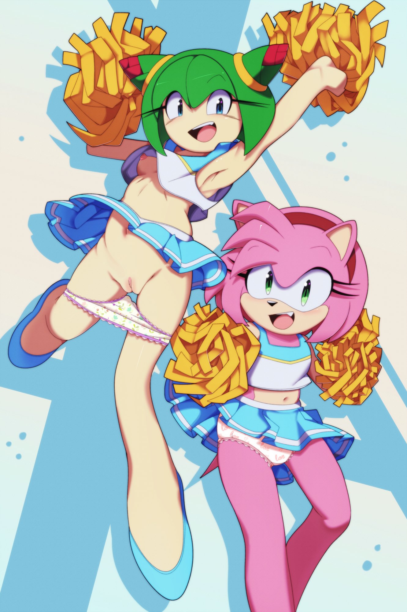 2girls accidental_exposure amy_rose cheerleader cheerleader_outfit cheerleader_uniform cosmo_the_seedrian euf-dreamer female panties panties_down pom_poms print_underwear printed_panties pussy pussy_out sega skirt skirt_lift skirt_up sonic_(series) sonic_the_hedgehog_(series) sonic_x tms_entertainment underwear