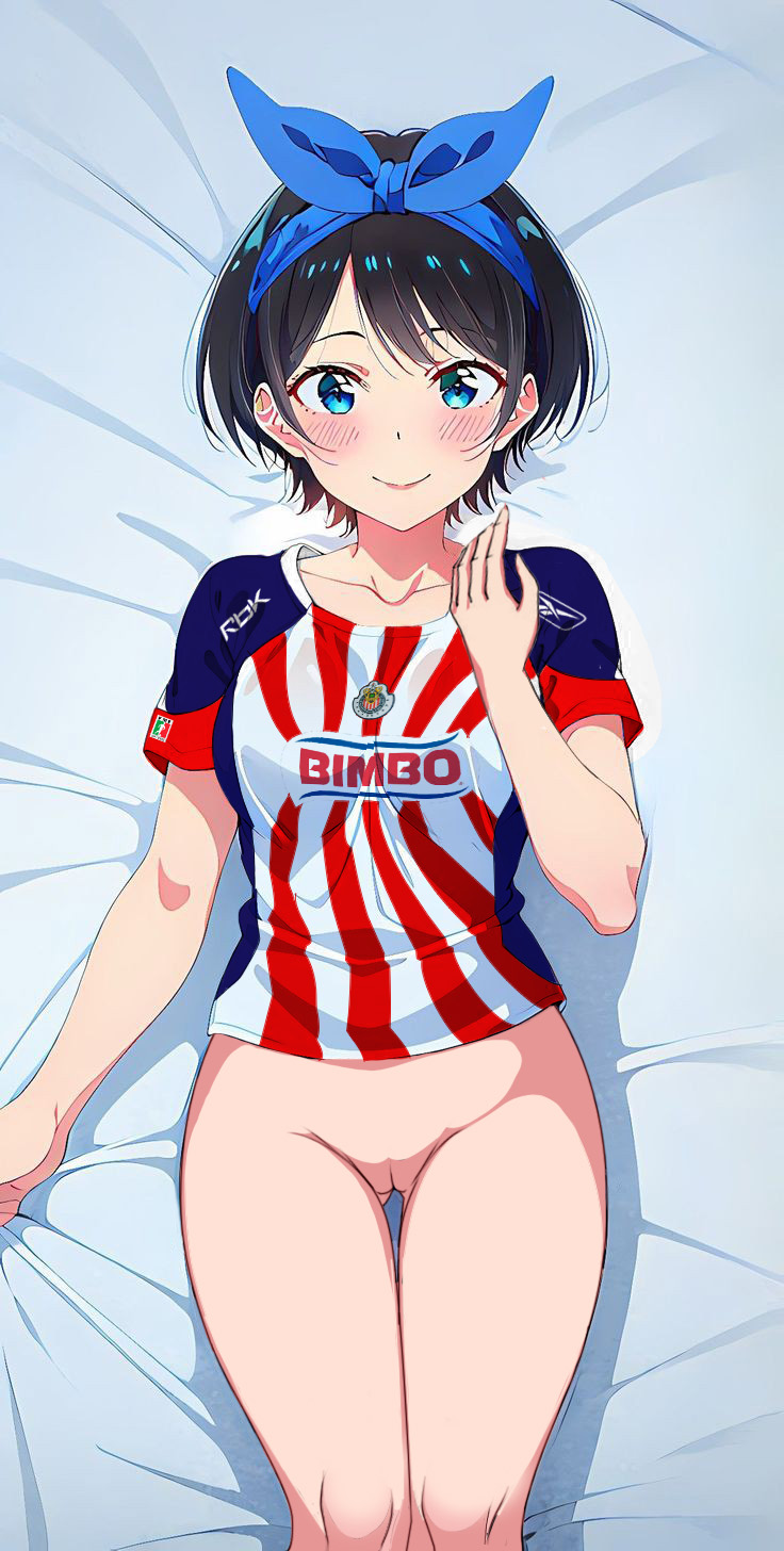 bed black_hair blue_eyes bottomless chivas kanojo_okarishimasu looking_at_viewer nekom14 no_panties no_pants pussy sarashina_ruka short_hair soccer_jersey