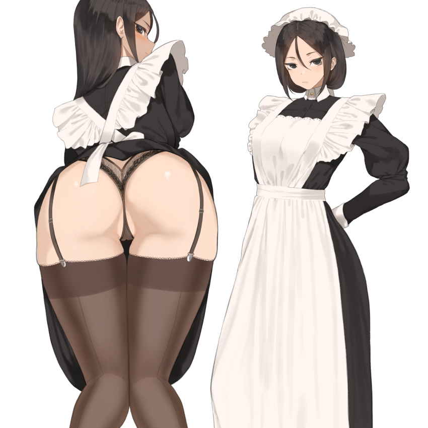 1girl big_breasts bubble_butt cleavage horny inviting_to_sex looking_at_viewer maid maid_uniform pose stockings teasing thick_thighs throtem undressing