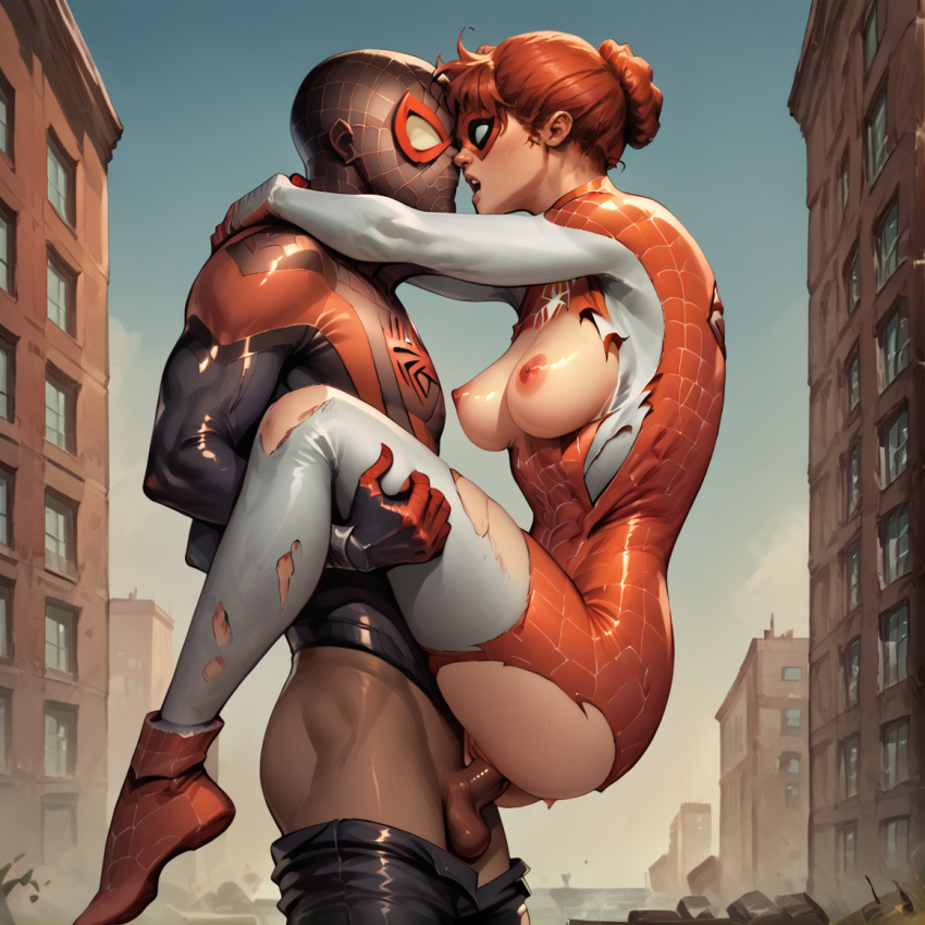 1boy 1boy1girl 1girl ai_generated breasts breasts_out building buildings costume_damaged hands_around_neck interracial interracial_sex legs_lift legs_lifted legs_up looking_at_another looking_at_each_other looking_at_partner marvel marvel_comics mary_jane_watson miles_morales open_mouth outdoor_sex outside pants_down penis_in_pussy spider-man spider-man_(series) spinneret_(mary_jane_watson) superhero superhero_costume superheroine themerchant69 windows