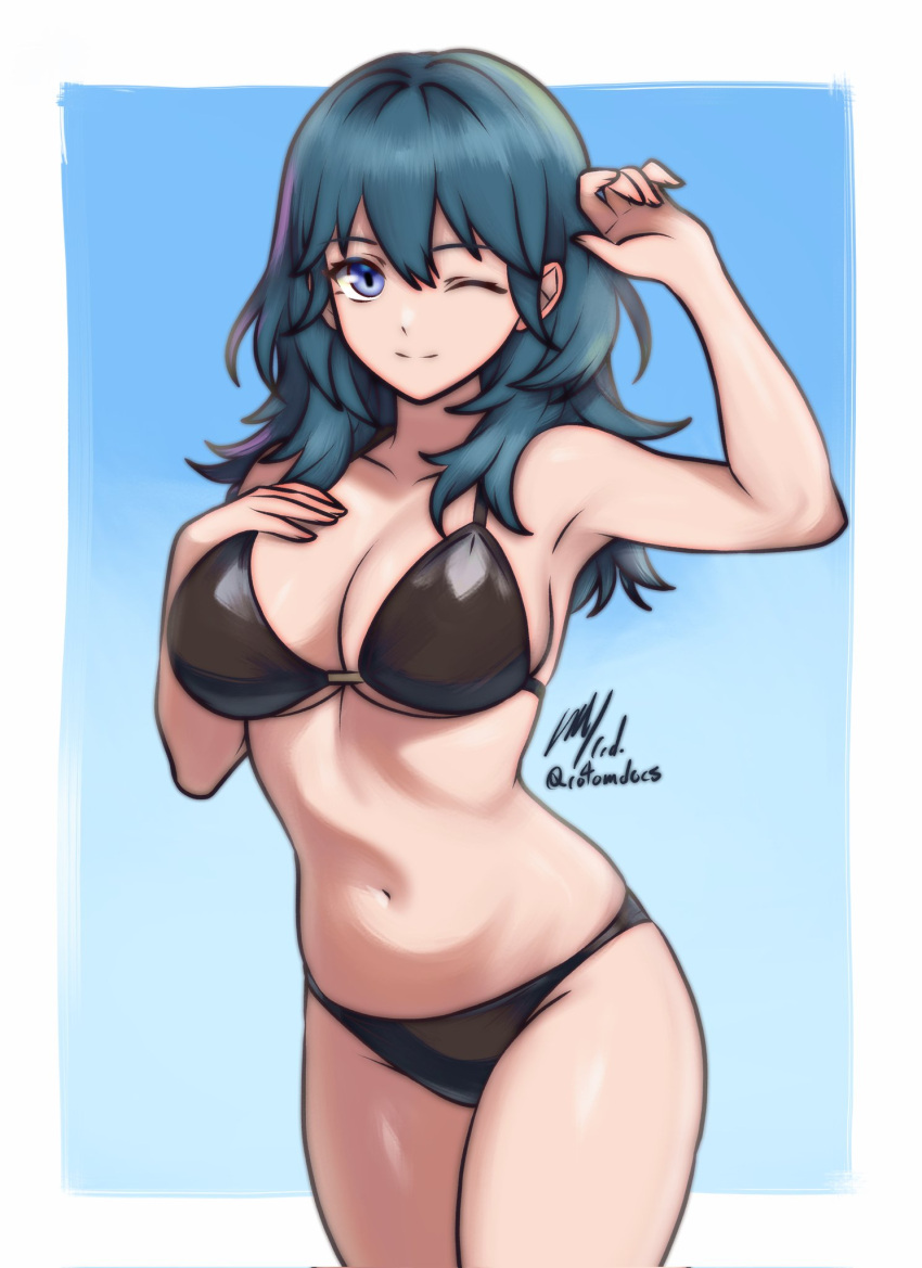 1girl 1girl 1girls ;) alluring alternate_costume arm_up bare_arms big_breasts bikini black_bikini black_swimsuit blue_background blue_eyes byleth_(fire_emblem) byleth_(fire_emblem)_(female) cleavage female_only fire_emblem fire_emblem:_three_houses gradient_background hair_between_eyes hand_on_own_chest long_hair looking_at_viewer nintendo one_eye_closed rotomdocs sideboob simple_background smile swimsuit teal_hair under_boob wink