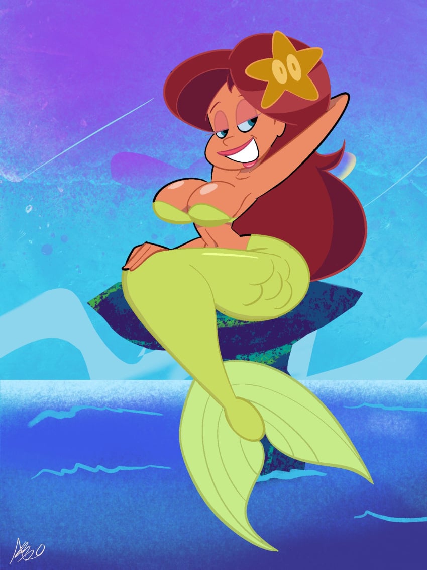 1girl 1girl atomickingboo big_breasts breasts bursting_breasts fins green_clothing green_tail hourglass_figure jpeg long_hair marina_(zig_and_sharko) mermaid mermaid_tail pose signature sitting smile upper_body voluptuous water xilam zig_and_sharko