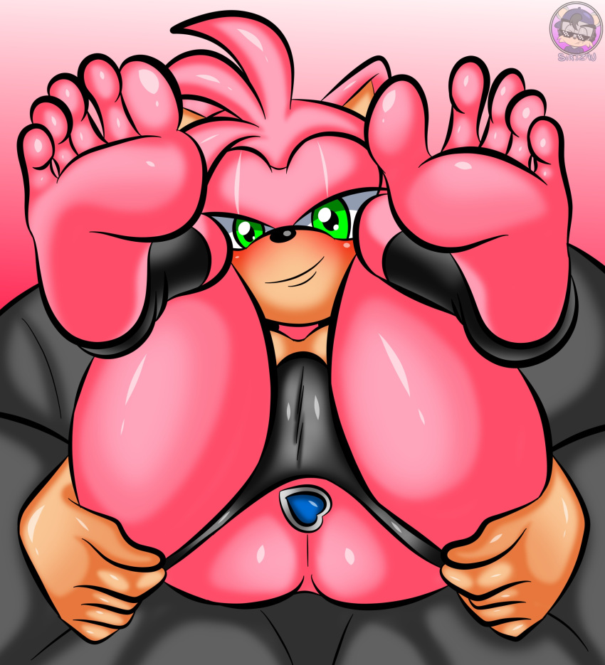 1girl 1girl 5_toes absurd_res amy_rose anal anthro ass black_nose clothing clothing_aside eulipotyphlan feet foot_focus gradient_background green_eyes hair half-closed_eyes hedgehog high_res legs_in_air legs_up looking_at_viewer mammal narrowed_eyes nude panties panties_aside pink_body pink_hair plug plug_(sex_toy) seductive sega sex_toy simple_background sirjzau sonic_the_hedgehog_(series) spread_legs spreading toes underwear underwear_aside