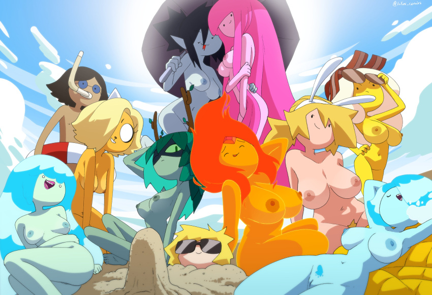 1boy 1girl 2_girls 6+girls 9girls accurate_art_style adventure_time animal_ears areola ass bacon beach big_breasts black_hair blonde_hair blonde_pubic_hair blue_hair blue_skin blue_sky breakfast_princess breasts breasts_apart bronwyn bunny_ears cartoon_network closed_eyes colored_skin completely_nude completely_nude_female coolerinker day denise_(adventure_time) domino_mask erect_nipples erection erection_under_clothes erection_under_sand female_pubic_hair finn_the_human fionna_the_human_girl fire flame_princess floatie floating green_skin grey_body group hetero huge_breasts human huntress_wizard inker_comics inkershike long_hair lying marceline marceline_abadeer medium_breasts monster_girl multiple_boys multiple_girls navel nipples nude nude_female outside pink_body pink_hair pink_skin posing princess_bonnibel_bubblegum princess_bubblegum pubic_hair pussy sand sand_castle sand_sculpture short_hair simon_petrikov sitting smile sun sunglasses thighs umbrella vampire very_long_hair water_hair water_nymph yellow_body