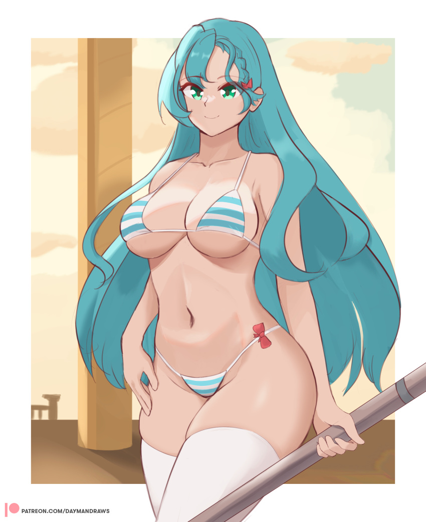 1girl 1girl 1girl absurd_res alluring alternate_costume aqua_hair bare_arms bare_shoulders big_breasts big_breasts bikini blue_bikini blue_hair blue_swimsuit bow chloe_(fire_emblem) cleavage cowboy_shot dayman daymandraws female_only fire_emblem fire_emblem_engage green_eyes groin hair_bow high_res holding legs light-skinned_female light_skin long_hair looking_at_viewer navel nintendo outside red_bow smile standing stockings stomach striped striped_bikini swimsuit thighs very_long_hair voluptuous weapon white_thighhighs